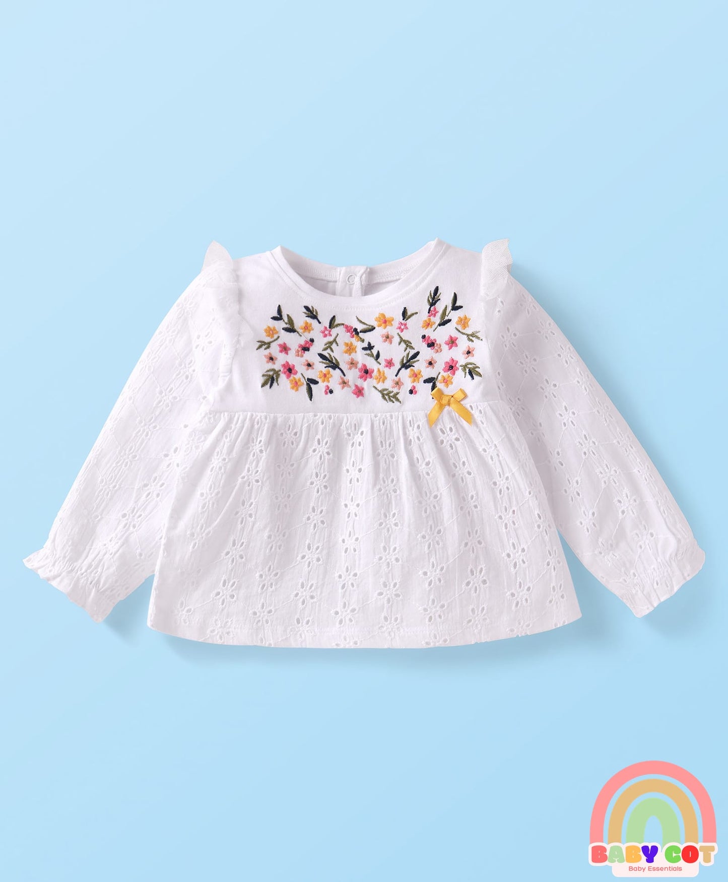 Single Jersey Knit Full Sleeves Top & Leggings with Floral Embroidery - White & Yellow