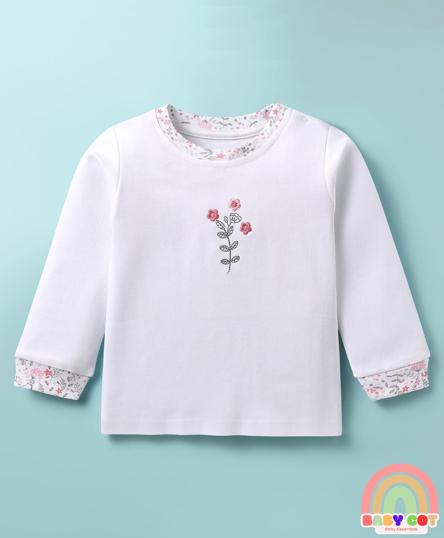 100% Cotton Knit Full Sleeves T-Shirt & Lounge Pant Set with Floral Print & Embroidery - White