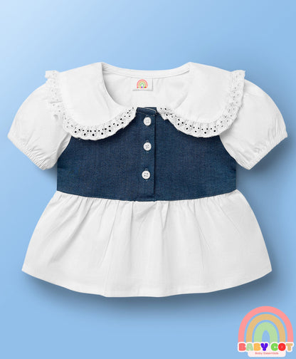 Cotton Elastane Knit Half Sleeves Top & Shorts Set With Schiffli Detailing & Bow Applique - White & Navy Blue