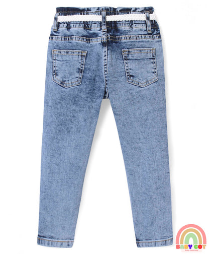 Full Length With Stretch Denim Washed Jeans with Floral Applique - Blue