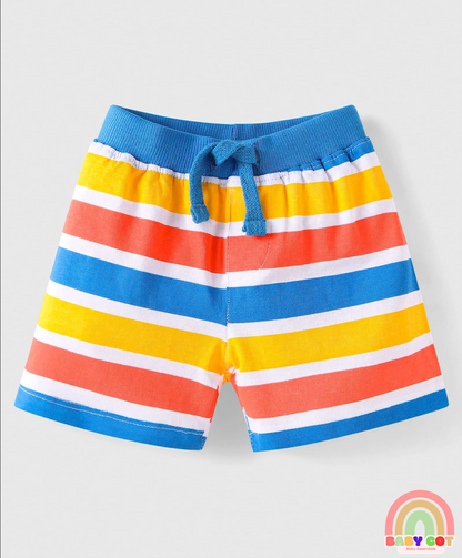 Cotton Knit Mid Thigh Length Shorts with Animal Print & Stripes Pack of 3 - Orange Blue & Yellow