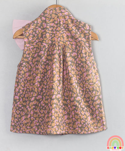 Cotton Woven Sleeveless Abstract Printed Bow Applique Detailed Top - Brown
