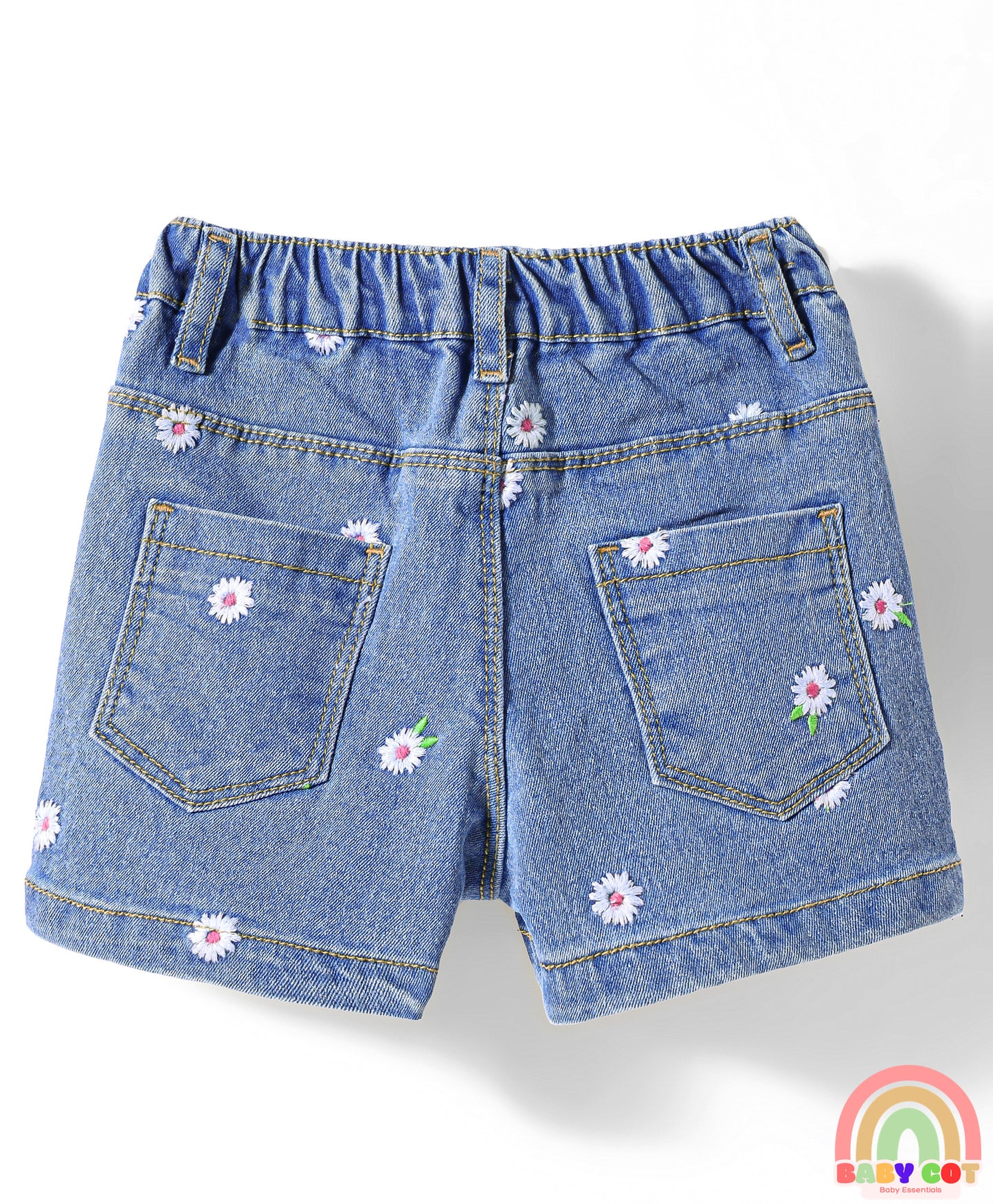Denim Mid Thigh Shorts With Floral Embroidery & Stretch- Blue