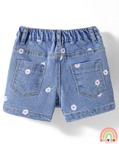Denim Mid Thigh Shorts With Floral Embroidery & Stretch- Blue