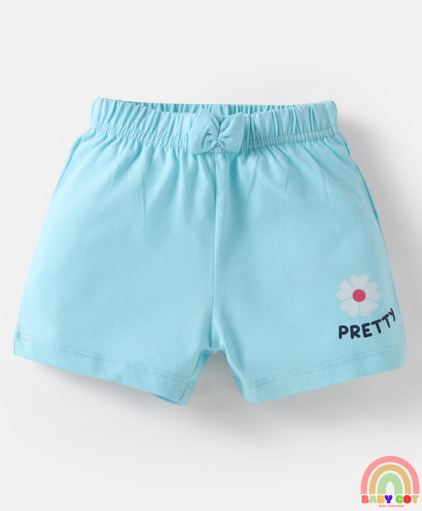 Cotton Knit Mid Thigh Shorts with Floral & Heart Print with Bow Applique Pack of 3 - Pink & Light Blue