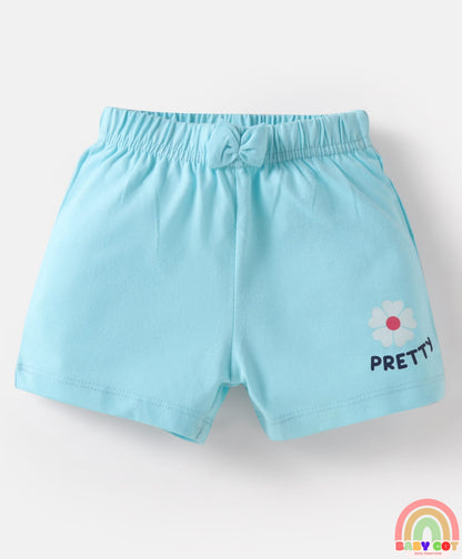 Cotton Knit Mid Thigh Shorts with Floral & Heart Print with Bow Applique Pack of 3 - Pink & Light Blue