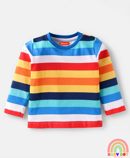 Cotton Knit Full Sleeves T-Shirts With Stripes Text & Animal Print Pack Of 7 - Blue Yellow Orange