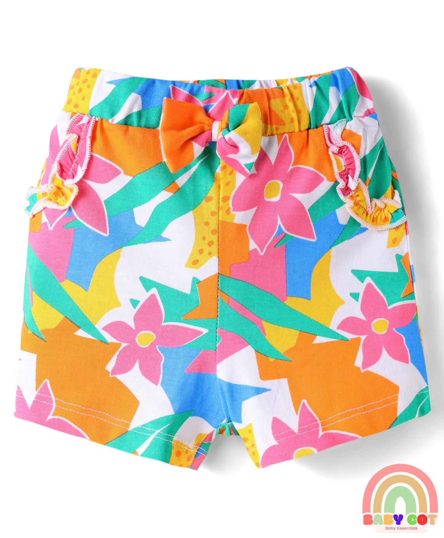 Cotton Knit Mid Thigh Lenght Shorts with Floral Print & Bow Applique Pack of 3 - Blue White & Dark Pink