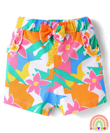 Cotton Knit Mid Thigh Lenght Shorts with Floral Print & Bow Applique Pack of 3 - Blue White & Dark Pink