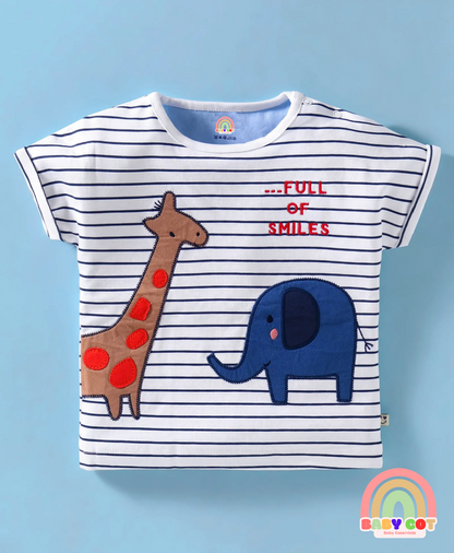 Interlock Knit Half Sleeves Striped T-Shirt & Shorts Set With Animal Print - White