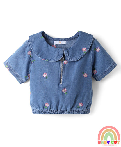 100% Cotton Half Sleeves Peter Pan Collar Top & Shorts Set with Floral Embroidery - Blue