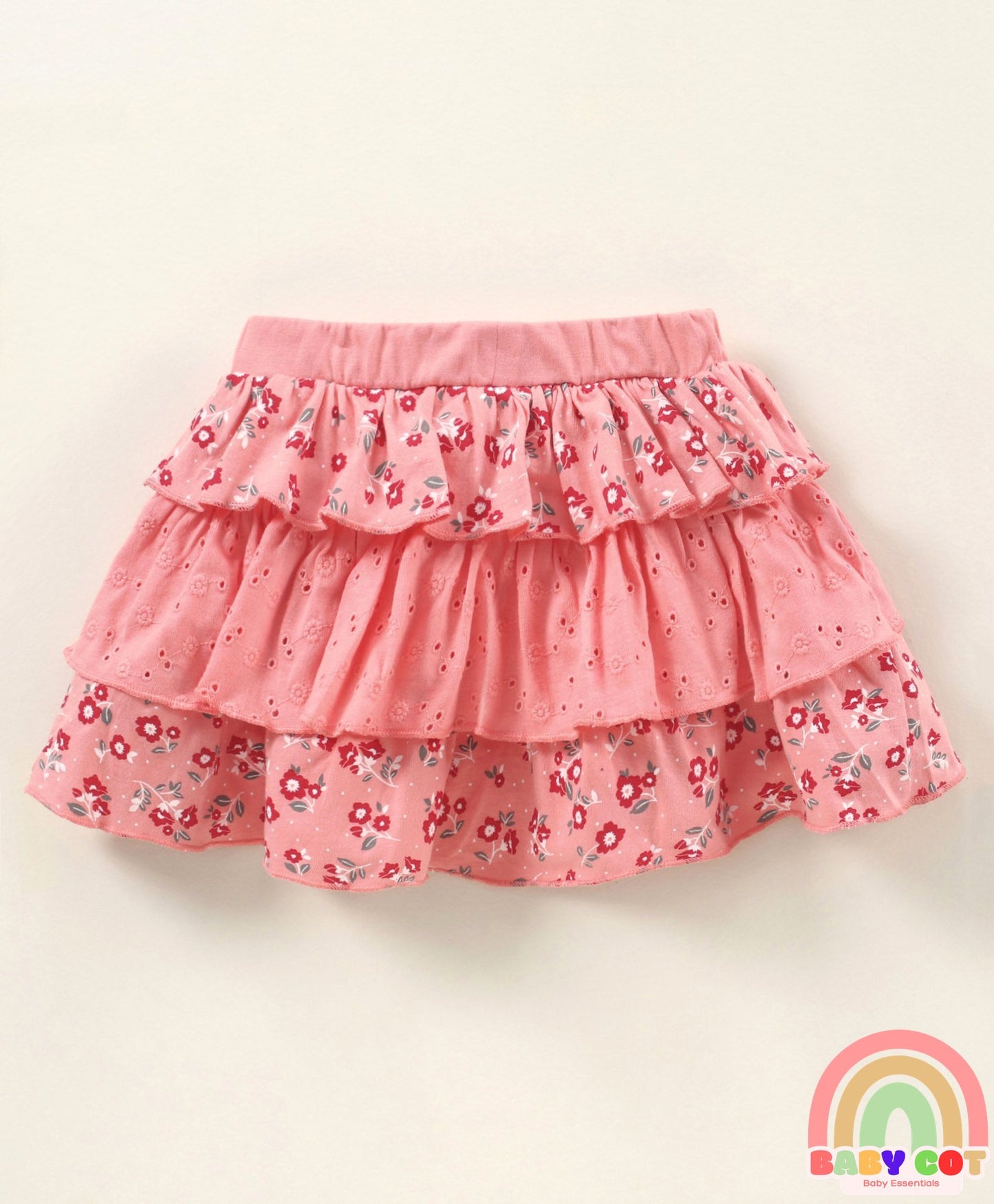 Knit Mid Thigh Floral Printed Skirt With Bow Applique - Pink