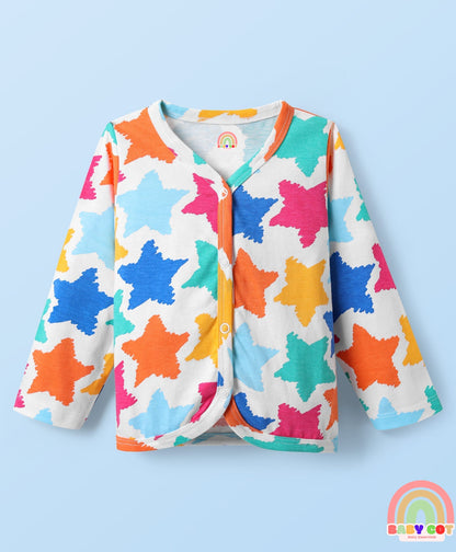 Single Jersey Knit Full Sleeves Top & Lounge Pant Co-ord Set with Star Print - White & Blue