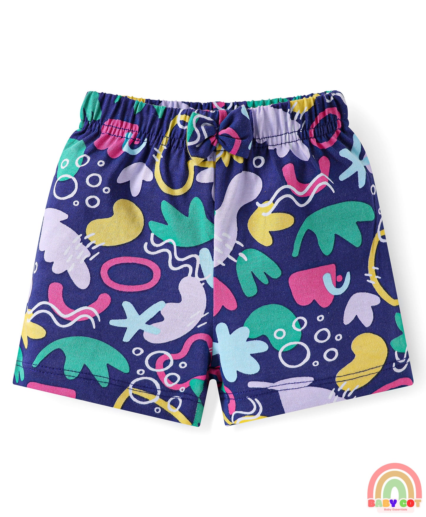 Cotton Single Jersey Knit Mid Thigh Shorts With Floral & Polka Dot Print Pack of 3 - Pink Navy & Yellow