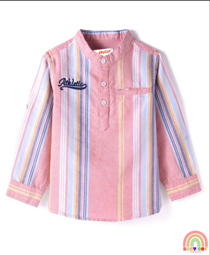 Cotton Woven Full Sleeves Mandarin Collar Stripe Kurta Shirt- Pink