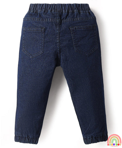 Full Length Washed Denim Jeans With Stretch - Navy Blue