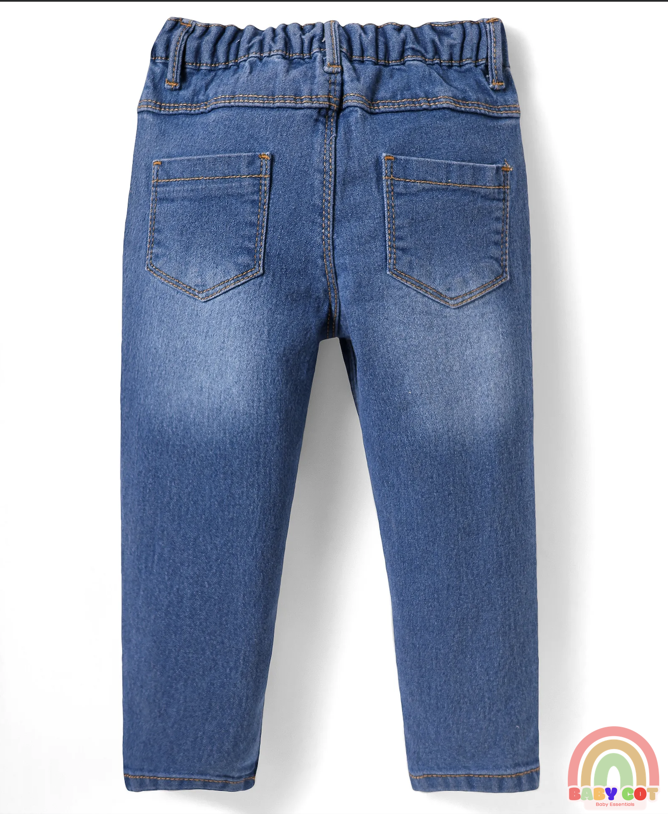 Full Length Washed Denim Jeans with Stretch & Floral Embroidery - Blue
