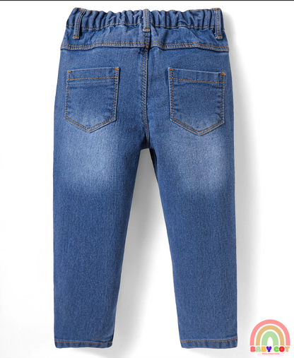 Full Length Washed Denim Jeans with Stretch & Floral Embroidery - Blue