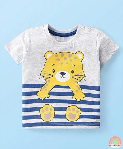 Cotton Knit Half Sleeves Leopard Printed T-Shirt & Shorts Set - White & Yellow
