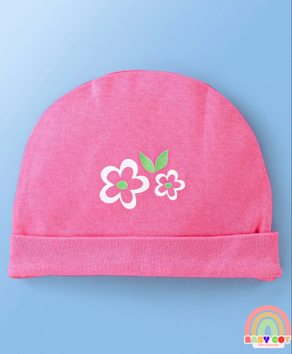 100% Cotton Knit Cap Mittens & Booties Set Floral Print Pack of 2 Pink & White - Diameter 12 cm