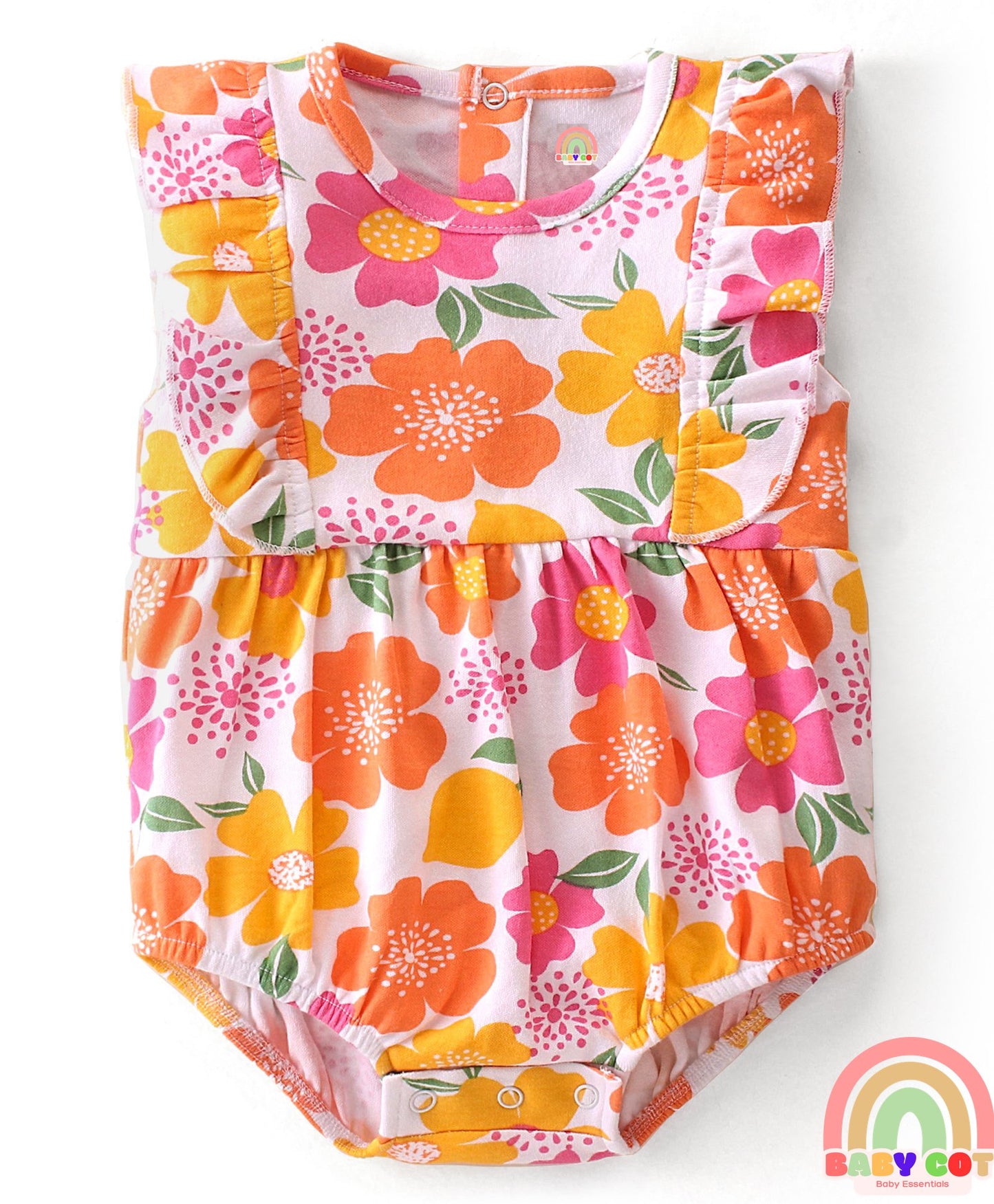 100% Cotton Knit Frill Sleeves Floral Printed Onesie with Cap - Multicolour