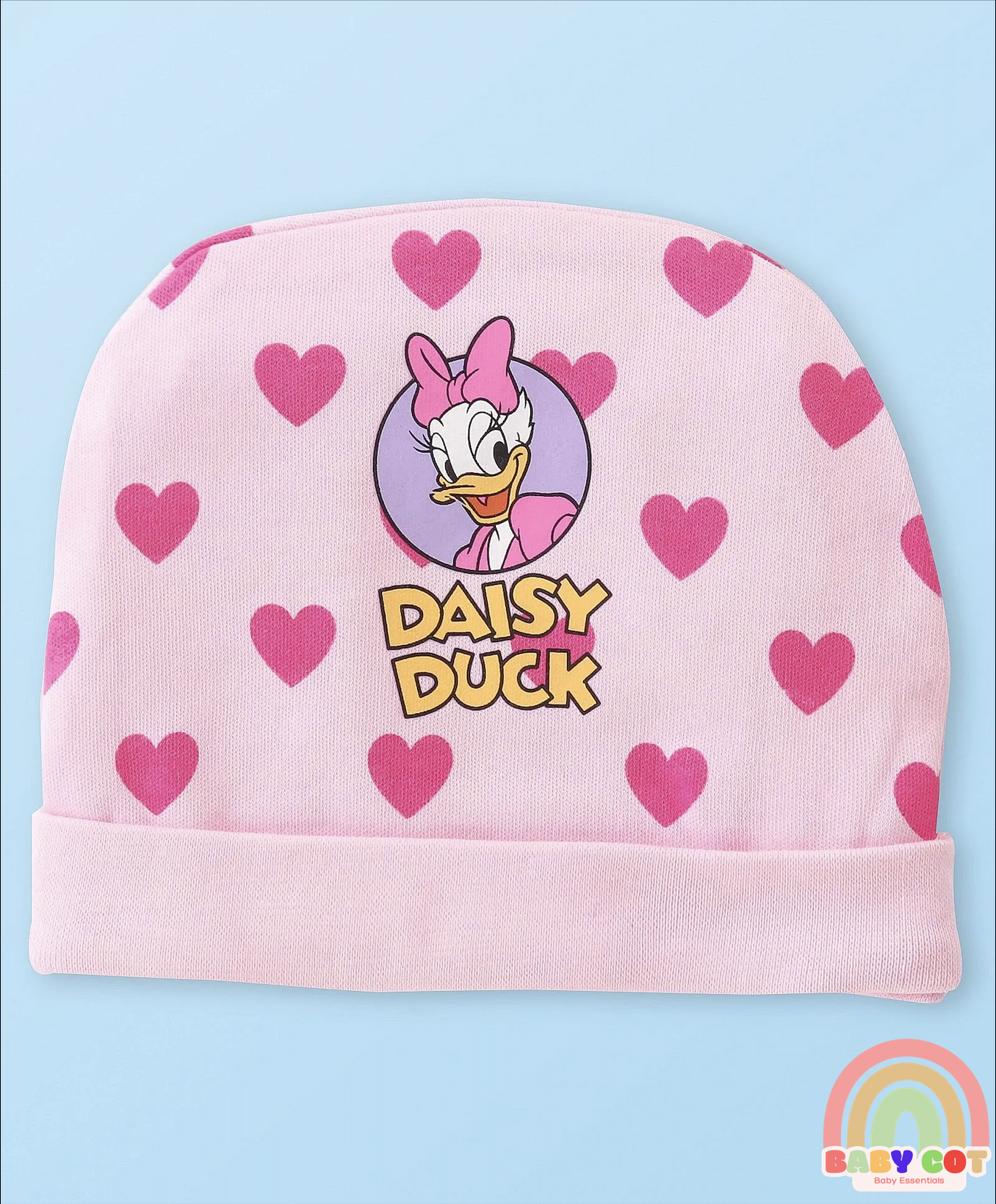 Cotton Knit Cap Mittens & Booties Set with Heart & Daisy Duck Graphic - Pink