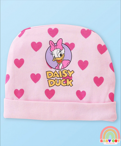 Cotton Knit Cap Mittens & Booties Set with Heart & Daisy Duck Graphic - Pink