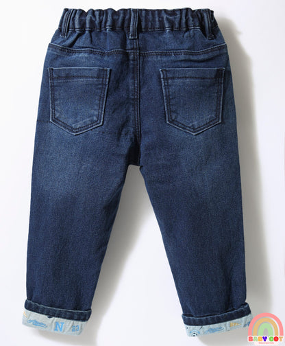 Denim Full Length Jeans With Text Embroidery - Navy Blue