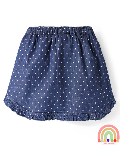 100% Cotton Woven Skorts with Frill Design & Bow Applique Polka Dots Print - Navy