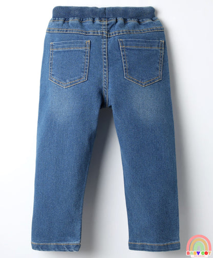 Denim Full Length Washed Jeans With Stretch & Text Print - Blue