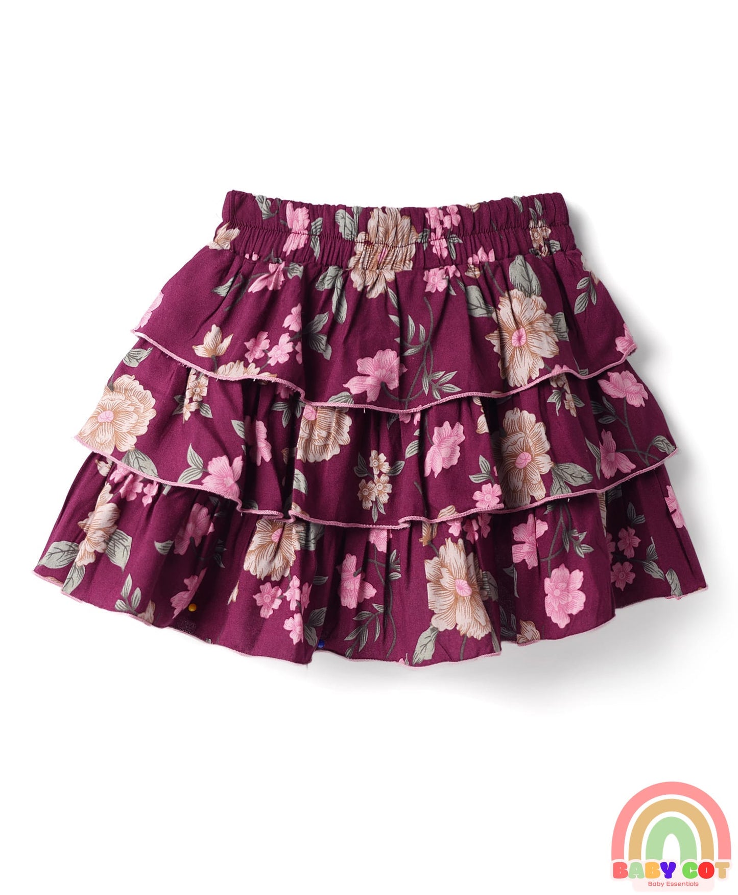 Rayon Woven Floral Printed Layered Skirt - Maroon