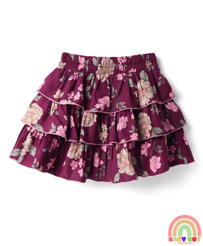 Rayon Woven Floral Printed Layered Skirt - Maroon