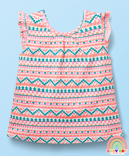 Cotton Sleeveless Printed Top & Shorts Set with Bow Applique - White & Pink