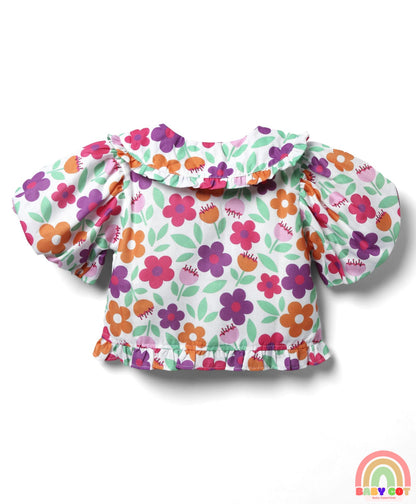 Woven Half Puffed Sleeves Peter Pan Collared Top with Floral Print - White