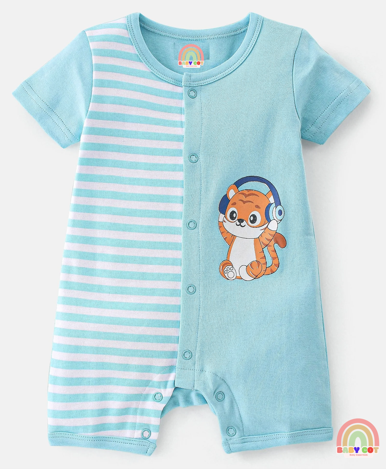 100% Cotton Interlock Knit Half Sleeves Romper Stripes & Animal Print Pack Of 2 - Multicolor