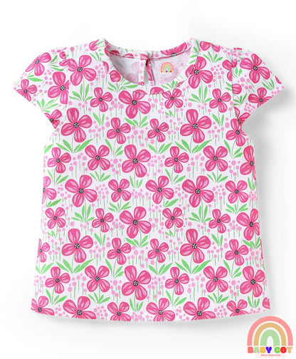 Cotton Knit Half Sleeves T-Shirts With Polka Dot & Floral Print Pack Of 3 - Pink & Light Green