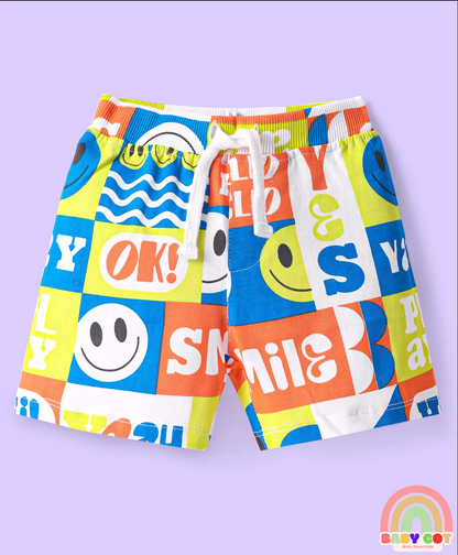 Cotton Knit Mid Thigh Length Shorts with Text Print & Tape Detailing Pack of 3 - Orange & Blue