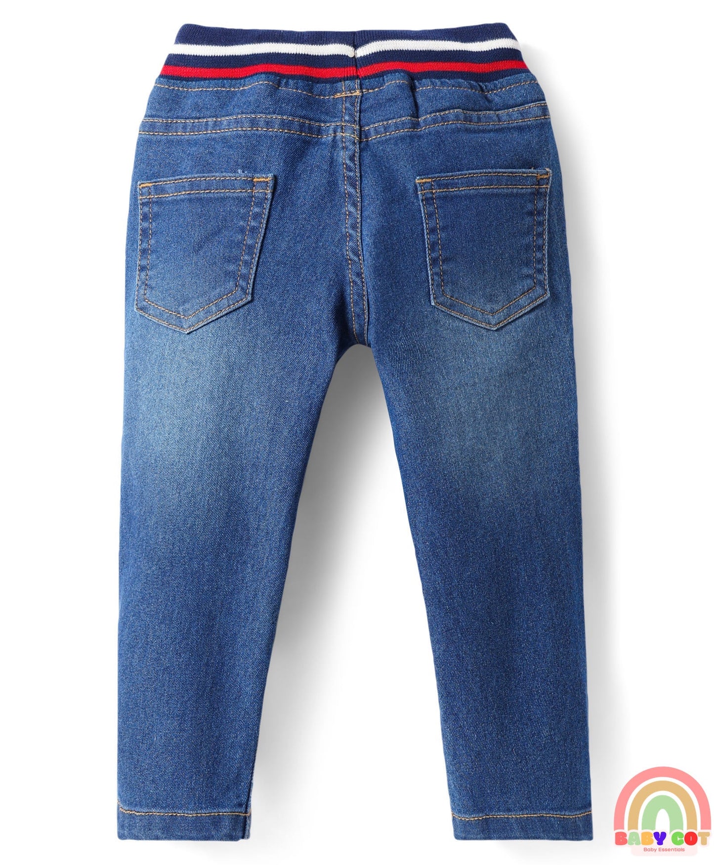 Cotton Denim Full Length Washed Jeans With Stretch & Logo Text Print - Blue