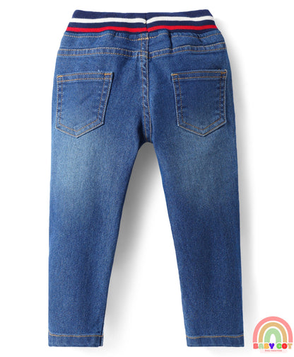 Cotton Denim Full Length Washed Jeans With Stretch & Logo Text Print - Blue