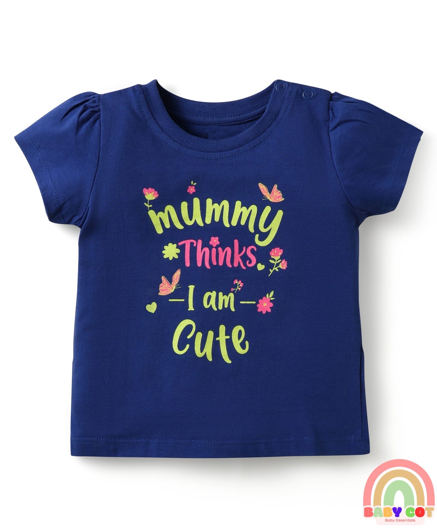 100% Cotton Knit Half Sleeves Floral Printed T-Shirt & Lounge Pant Set with Bow Applique - Pink & Navy Blue