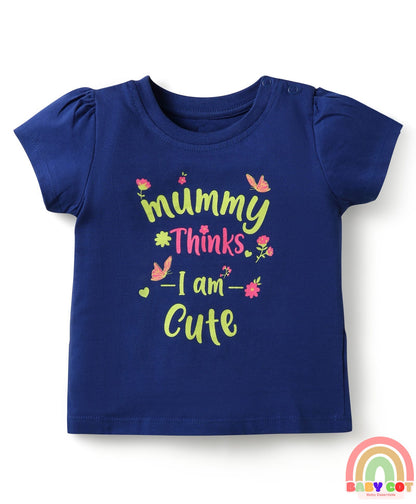 100% Cotton Knit Half Sleeves Floral Printed T-Shirt & Lounge Pant Set with Bow Applique - Pink & Navy Blue