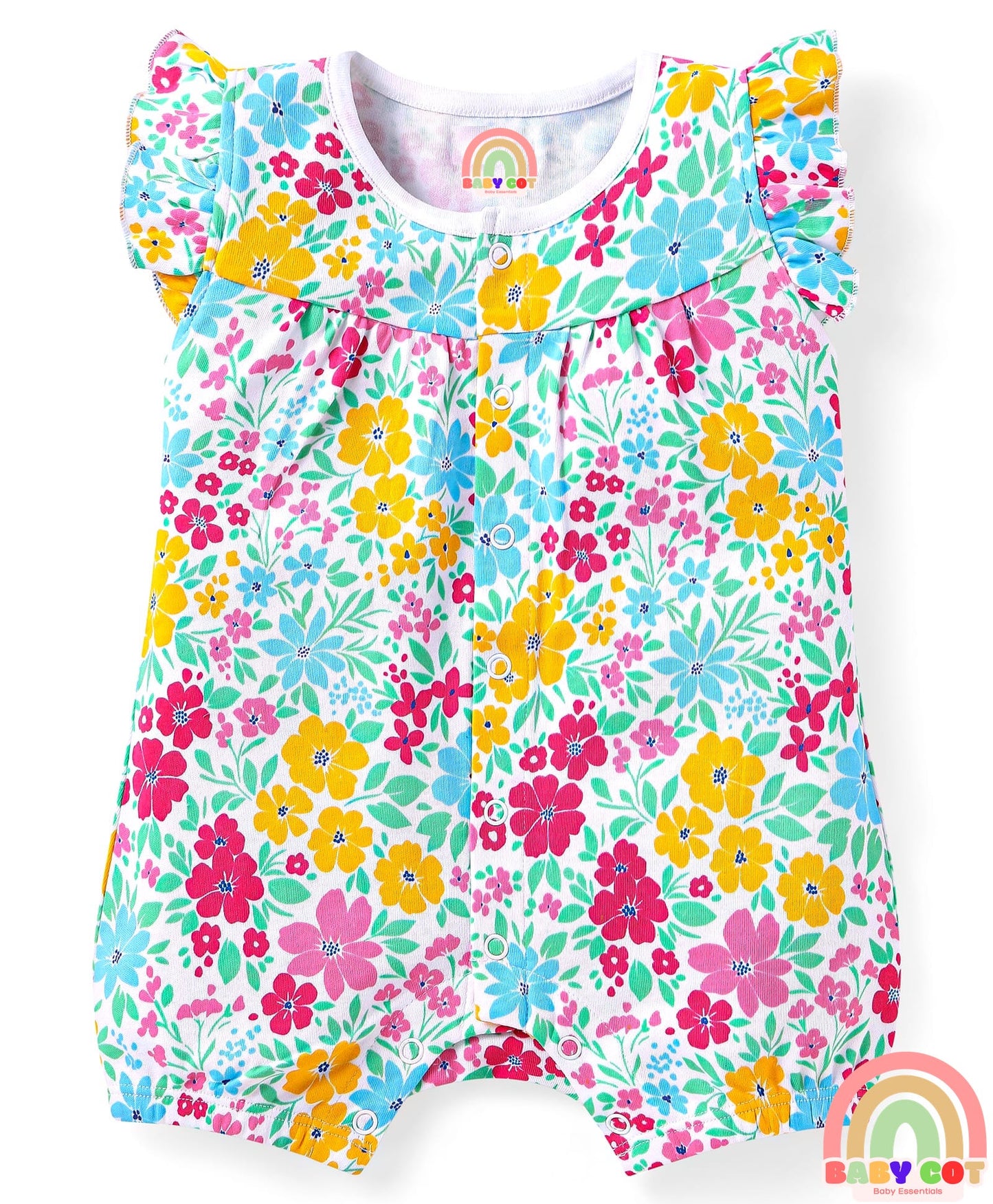 100% Cotton Knit Frill Sleeves Romper with Polka Dots & Floral Print Pack of 2 - Pink & White