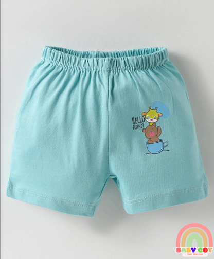 Single Jersey Knit Knee Length Shorts With Animal Print Pack of 3 - Light Blue Red & Green