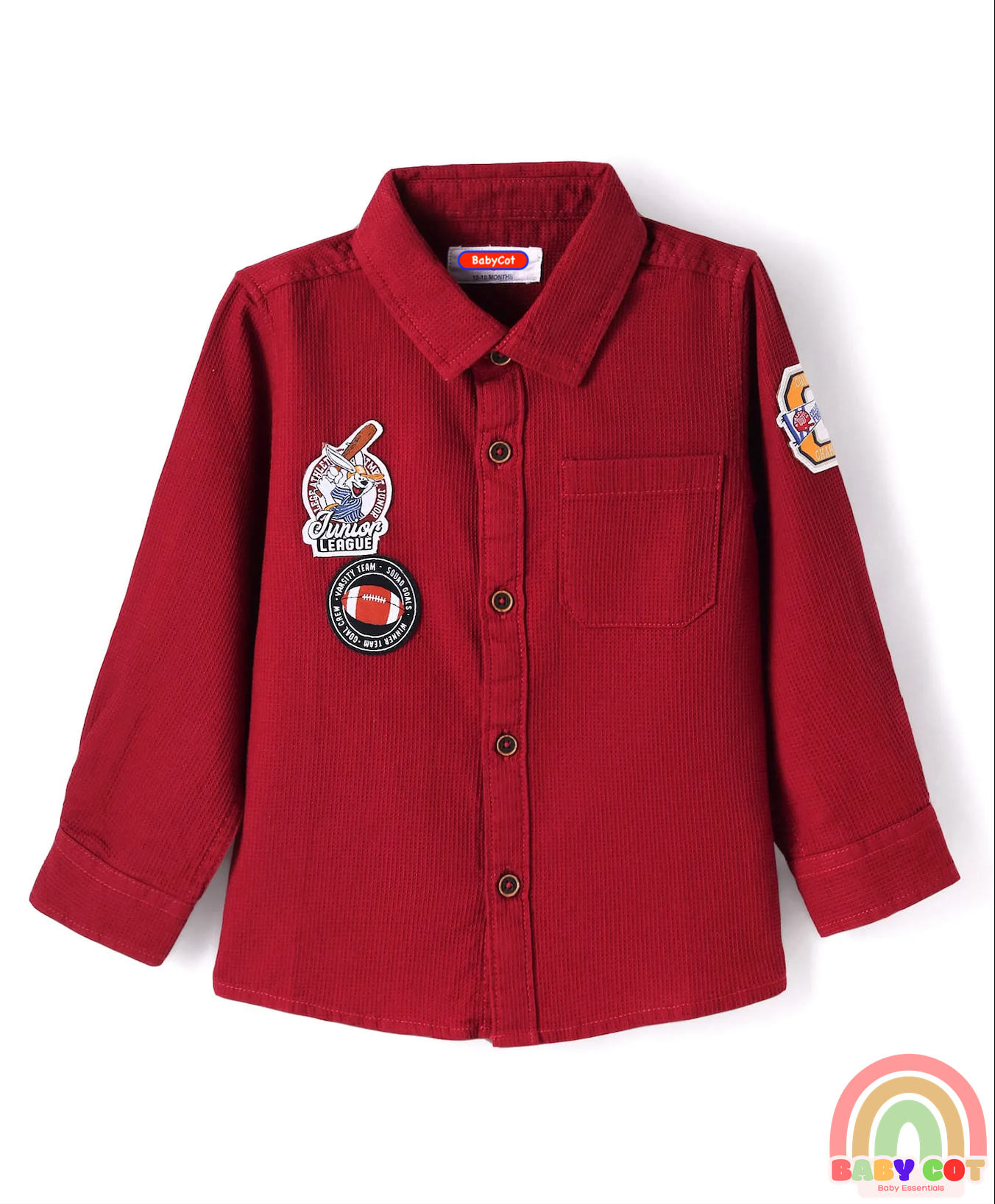 Cotton Woven Full Sleeves Shirt with Text Patch Detailing - Red