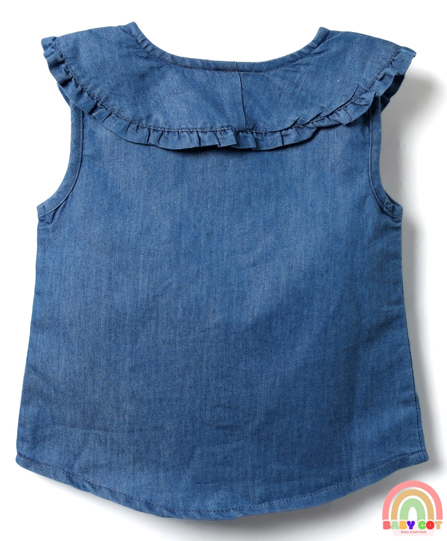Sleeveless Front Open Peter Pan Collared Denim Top with Floral Embroidery - Navy Blue