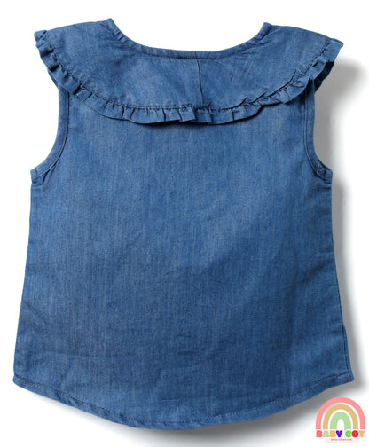 Sleeveless Front Open Peter Pan Collared Denim Top with Floral Embroidery - Navy Blue