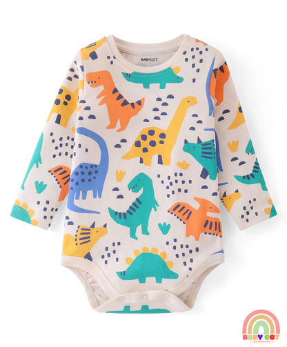 100% Cotton Knit With Eco- Jiva Finish Full Sleeves Onesies with Dino Print Pack of 5 - Blue Green & Pink