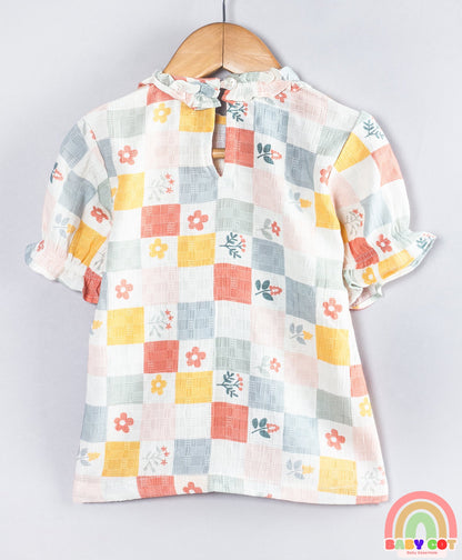 Cotton Woven Half Peasant Sleeves Floral Printed Checked Lace Detailed Top - Multi Colour