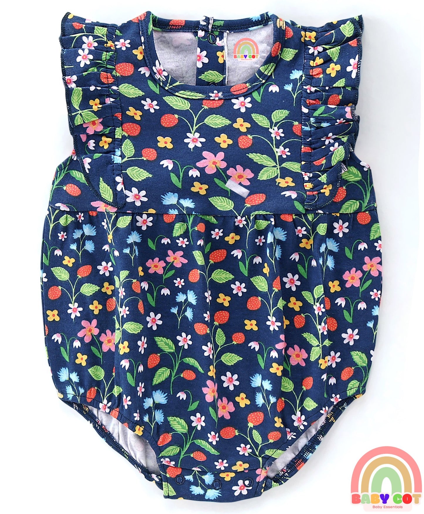 100% Cotton Interlock Knit Sleeveless Onesies With Cap & Floral Print - Navy Blue