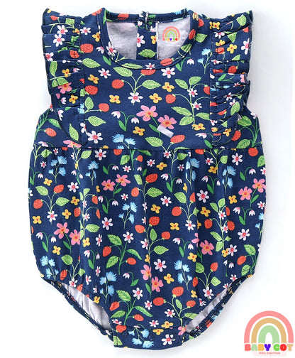 100% Cotton Interlock Knit Sleeveless Onesies With Cap & Floral Print - Navy Blue